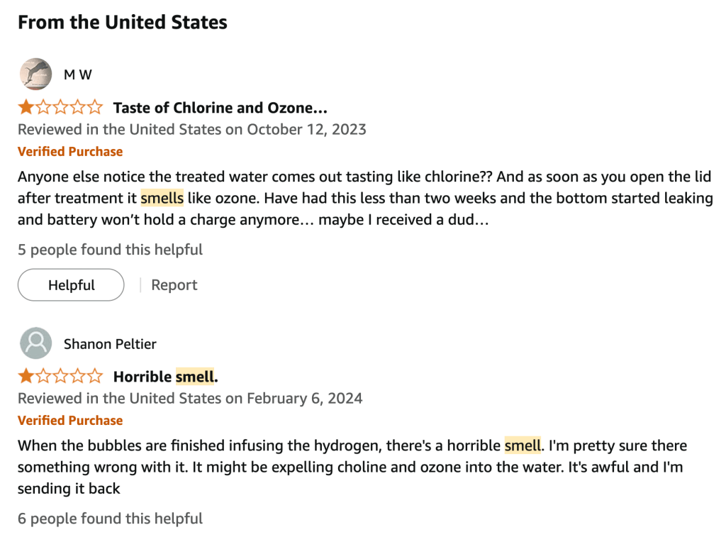 Amazon reviews about bad smell from a low quality hydrogen water bottle